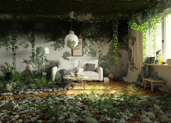 捨てられた家の乱雑な部屋 3Dレンダリングの概念 — ストック写真