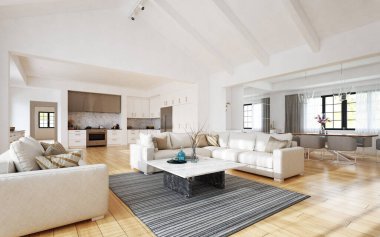 Modern oturma odası iç tasarımı, beyaz mutfak, nötr renk düzeni. 3B konsept oluşturma