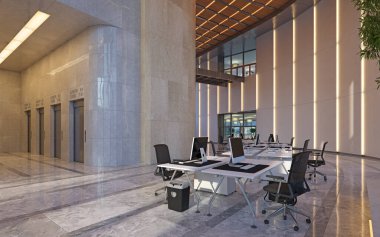 Açık alanı olan modern bir ofis. 3B Hazırlama