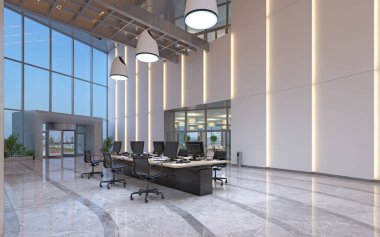 Açık alanı olan modern bir ofis. 3B Hazırlama