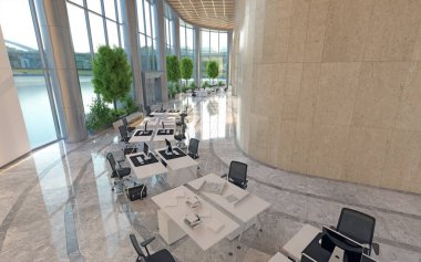 Açık alanı olan modern bir ofis. 3B Hazırlama
