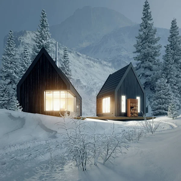 Winter landscape with glowing wooden cabin in snowy forest. Cozy houses in mountains. Winter holiday concept. 3d illustration concept