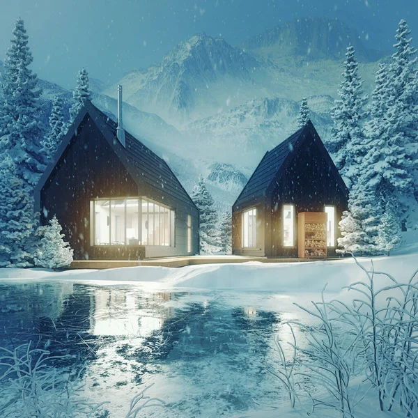 Winter landscape with glowing wooden cabin in snowy forest. Cozy houses in mountains. Winter holiday concept. 3d illustration concept