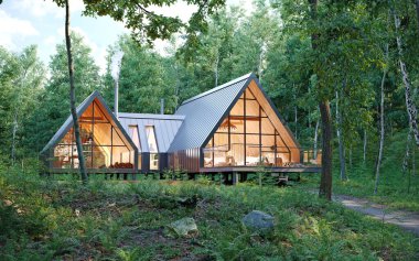 Yeşil ormandaki güzel bir aile evinin havadan görünüşü. 3d oluşturma