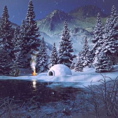 Kış dağlarında gerçek bir eskimo evi. Arkaplanda karla kaplı köknar ağaçları