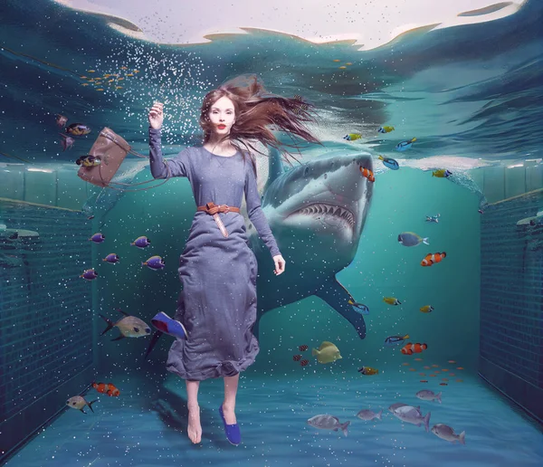 Girl Swims Underwater Landscape Creative Photo Mix —  Fotos de Stock