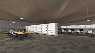 Açık alanı olan modern bir ofis. 3B Hazırlama