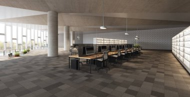Açık alanı olan modern bir ofis. 3B Hazırlama