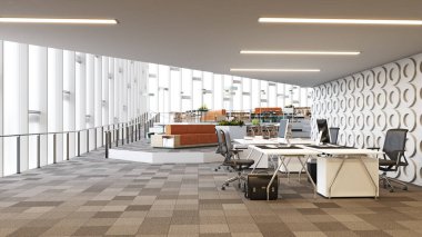 Açık alanı olan modern bir ofis. 3B Hazırlama