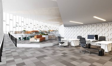 Açık alanı olan modern bir ofis. 3B Hazırlama