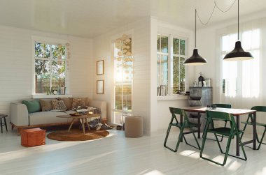 Comfortable sofa in scandinavian modern living room. 3d, rendering