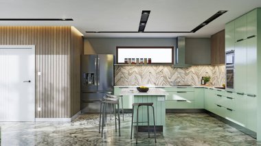 green kkitchen interior. 3d rendering design concept
