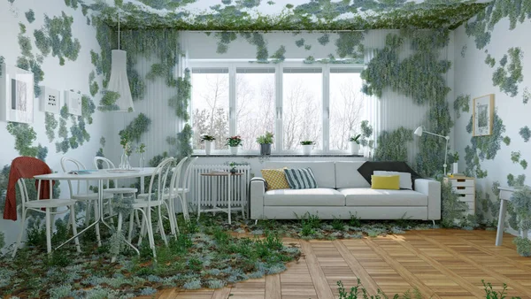 Overgrown Interior Vivo Tema Vegetação Natureza Design Ecológico Conceito Renderização — Fotografia de Stock