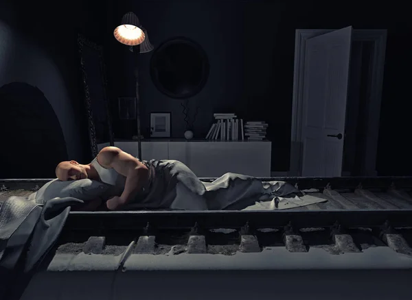 침실의 침대는 웨이처럼 크리에이티브 컨셉트 — 스톡 사진