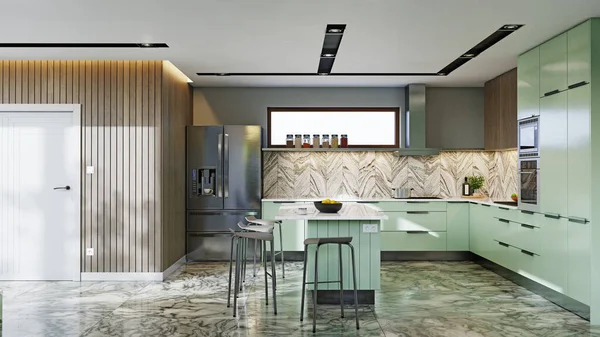 Cocina Interior Verde Concepto Diseño Renderizado — Foto de Stock