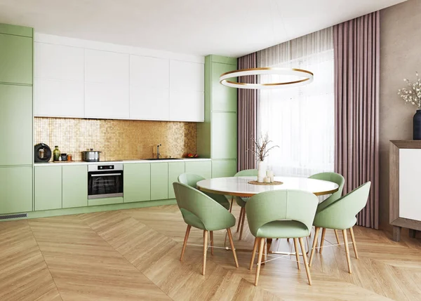 Modern Interieur Van Groene Keuken Ontwerp Concept Illustratie — Stockfoto