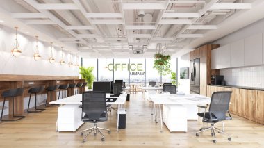 3 boyutlu ofis alanı ve dinlenme alanı projesi. Tasarım konsepti oluşturma