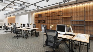 Kamu alanının 3 boyutlu çizimi. Modern ofis.