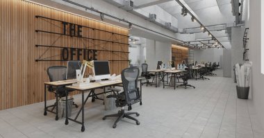 Kamu alanının 3 boyutlu çizimi. Modern ofis.