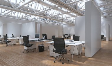 Parlak ofis iç mekanının 3 boyutlu iç mekanı. Konsept tasarımının oluşturulması