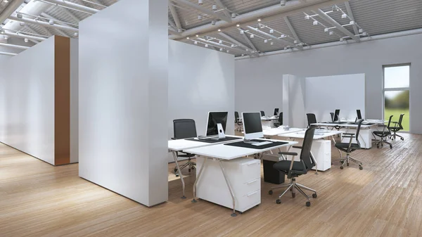 明るいオフィスの内部空間の3Dインテリア コンセプトデザインのレンダリング — ストック写真