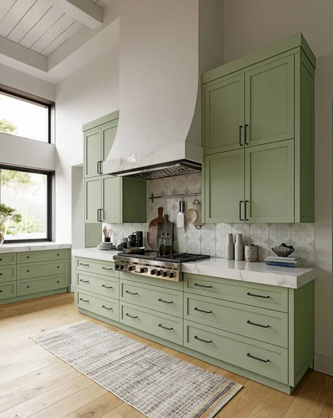 一个古典风格的现代厨房的3D插图 渲染设计 — 图库照片
