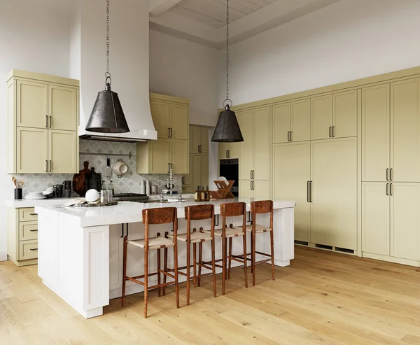 インテリアに古典的なキッチンの3Dプロジェクト レンダリングデザイン — ストック写真