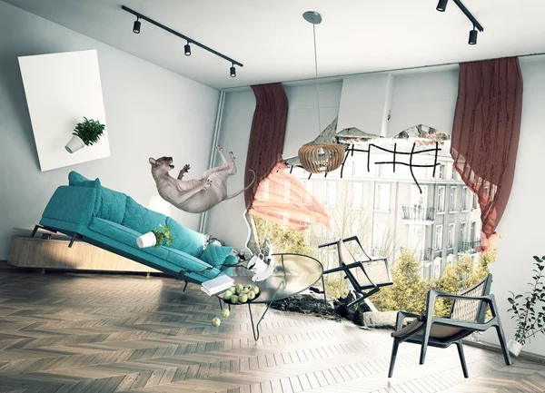 Иллюстрация Разрушенной Комнаты Разбросанными Обломками Испуганной Летающей Кошкой Предполагающая Недавнее — стоковое фото