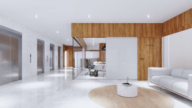 Bir şirket ofisinin 3 boyutlu çizimi. Konsept tasarımı oluştur