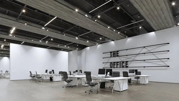明るいオープンオフィスの内部空間の3Dインテリア コンセプトデザインのレンダリング — ストック写真