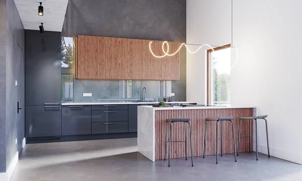 Proyecto Una Cocina Interior Diseño Renderizado — Foto de Stock
