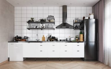 Modern bir apartman dairesinin 3 boyutlu çizimi.