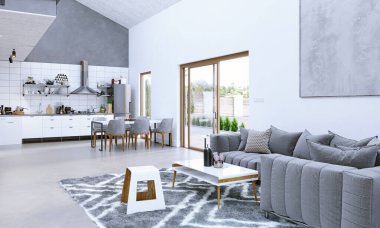 Modern İskandinav tarzının 3 boyutlu bir çizimi.