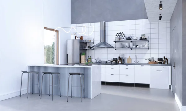 Εικονογράφηση Μιας Ασπρόμαυρης Σκανδιναβικής Κουζίνας — Φωτογραφία Αρχείου