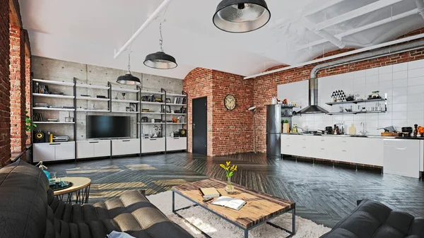 现代公寓厨房内部的3D图像 — 图库照片