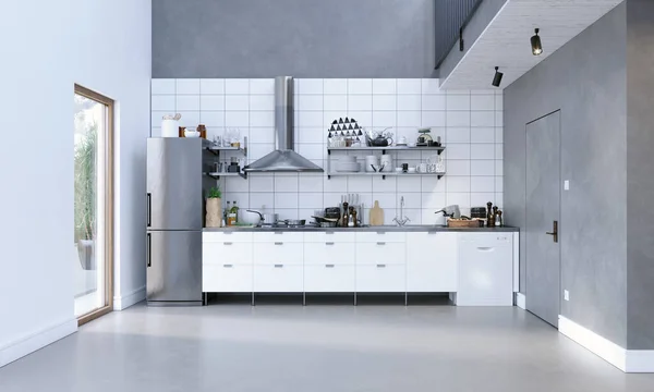 一个黑白斯堪的纳维亚风格厨房的3D插图 — 图库照片