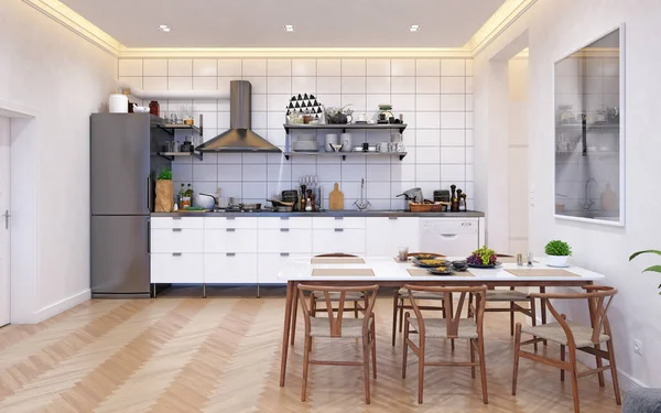 现代公寓厨房内部的3D图像 — 图库照片