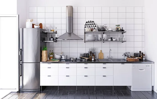 モダンなアパートメントキッチンインテリアの3Dイラスト — ストック写真