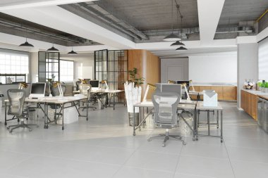 Ofis alanının 3 boyutlu çizimi. Açık renkli modaya uygun iç mekan.