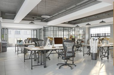 Ofis alanının 3 boyutlu çizimi. Açık renkli modaya uygun iç mekan.