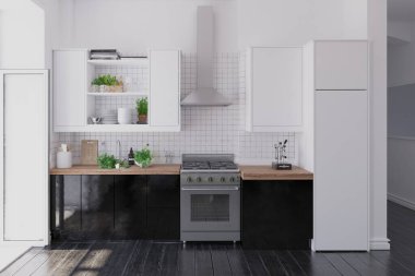 Mutfağın modern iç mekanı. 3B tasarım konsepti çizimi