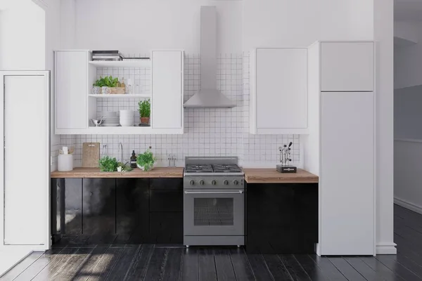 厨房的现代内部 3D设计概念说明 — 图库照片