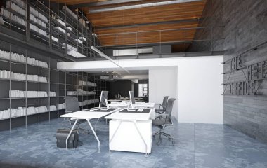 Modern çatı katı iç mimarisi. 3d hazırlama tasarımı