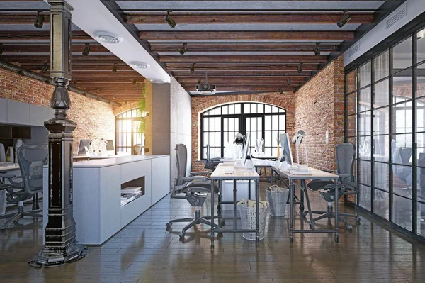 现代阁楼办公室的内部 3D渲染设计 — 图库照片