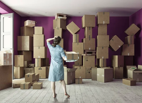 a woman in a room with a huge number of boxes. Parcel concept. The concept of moving to a new home. Photo and 3d combination