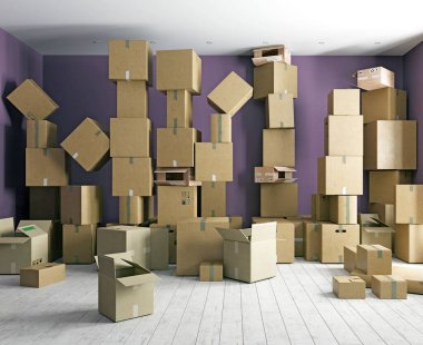 Çok sayıda kutuyla dolu bir oda. Paket konsepti. Yeni bir eve taşınma fikri. 3d konsepti