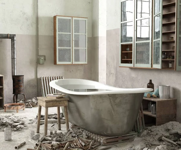 一间破旧的废弃房间里的浴缸3D渲染和照片组合 — 图库照片