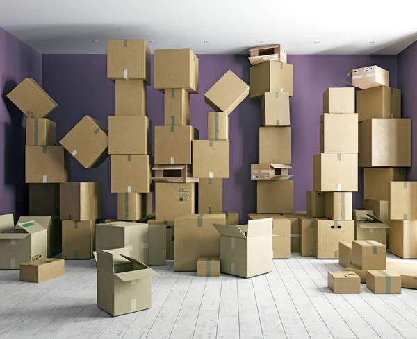 the room with a huge number of boxes. Parcel concept. The concept of moving to a new home. 3d concept