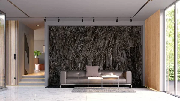 Modern Dark Living Interior Rock Feature Rendering — Stock Photo, Image