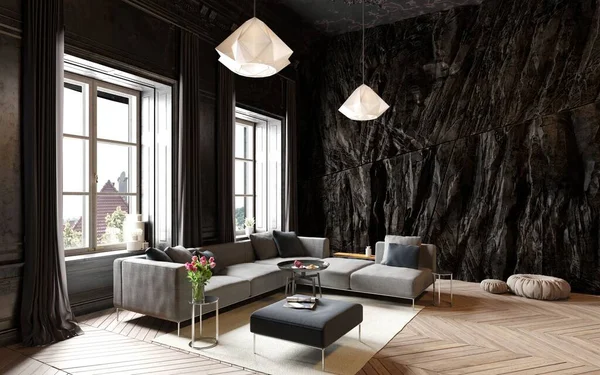 Moderno Interior Vida Oscura Con Característica Roca Renderizado — Foto de Stock